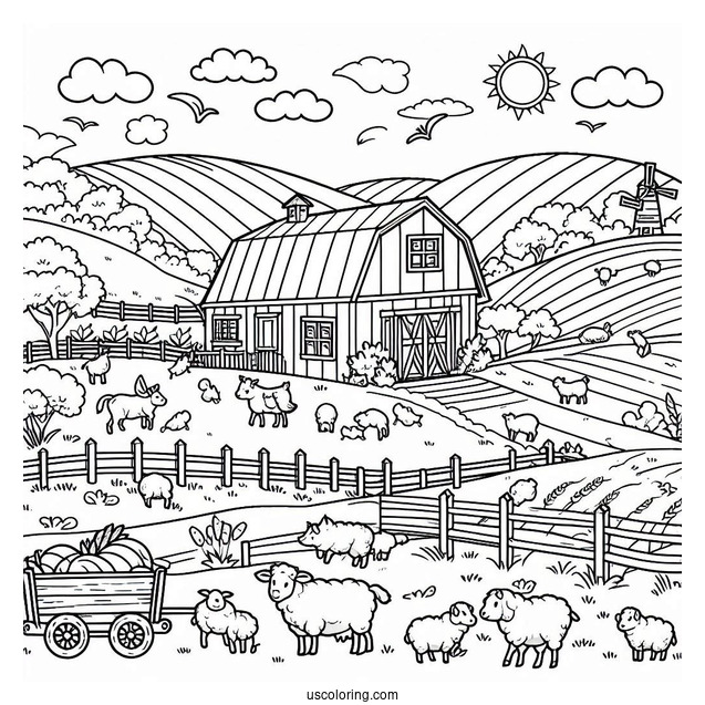 Coloring Page Of a Farm With Fields And Animals