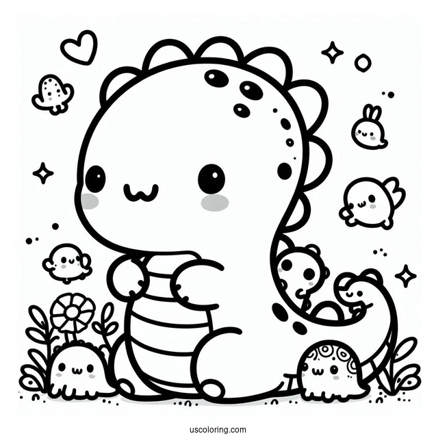 Kawaii Dinosaur With Little Animals On Its Back Coloring Page