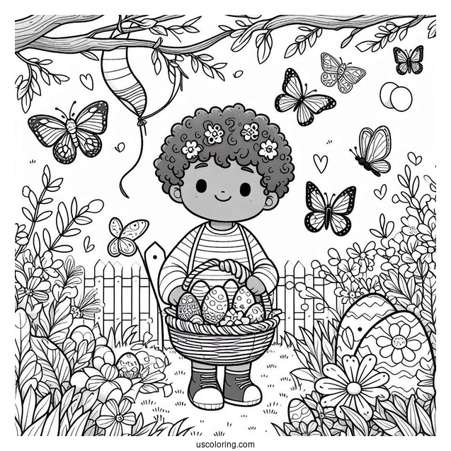 Happy Easter Coloring Page In Garden With Butterflies For Kids