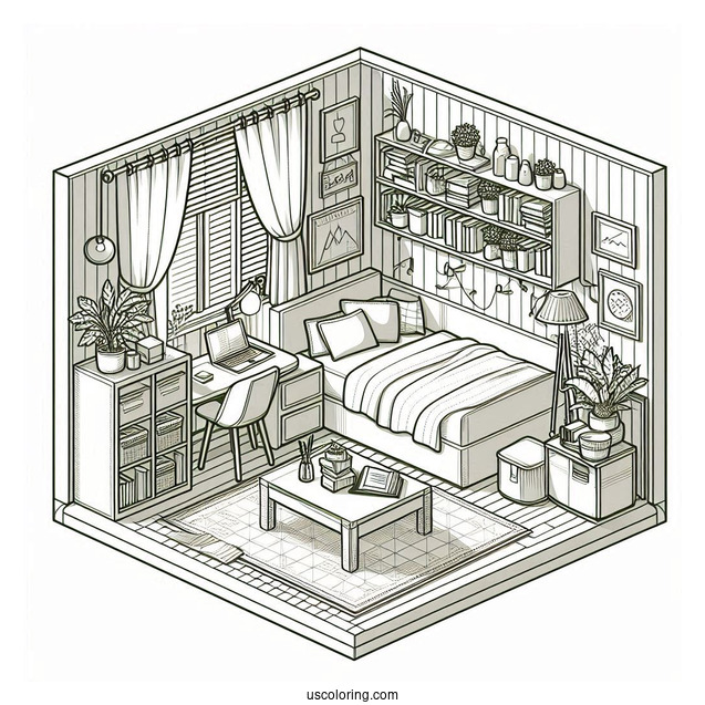 Isometric Bedroom Coloring Page With Bookshelves, Coffee Table, And Plants
