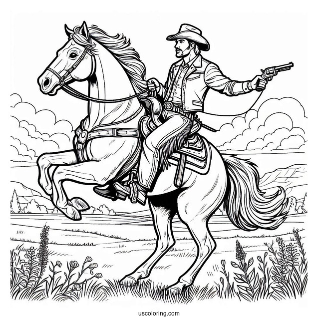 Cowboy Coloring Page Rearing A Horse