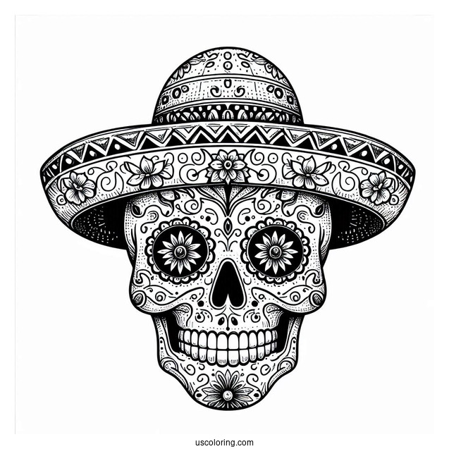 Grinning Sugar Skulls Coloring Page Wearing A Sombrero