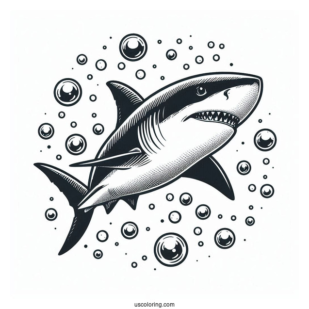 Great White Shark Coloring Page With Bubbles
