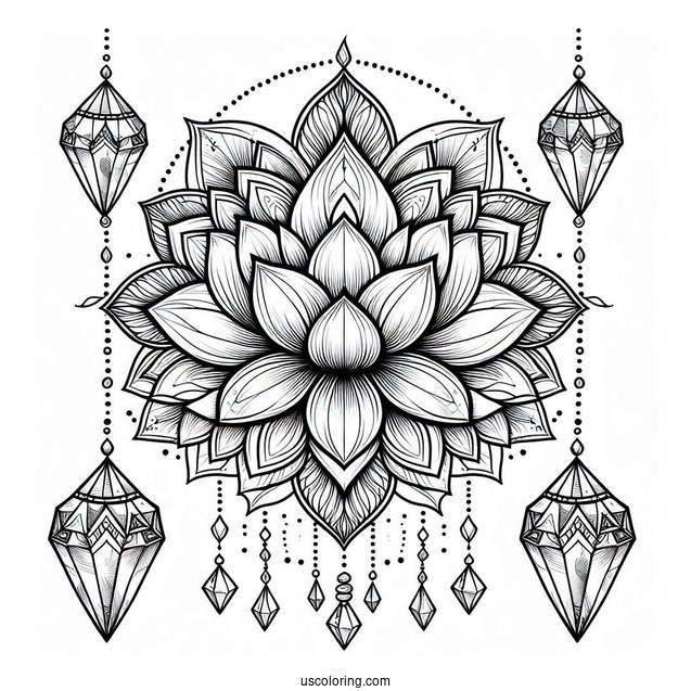 Lotus Flower Mandala Coloring Page With Hanging Crystals