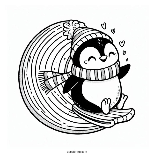 Cute Penguin With A Scarf Sliding Down A Rainbow