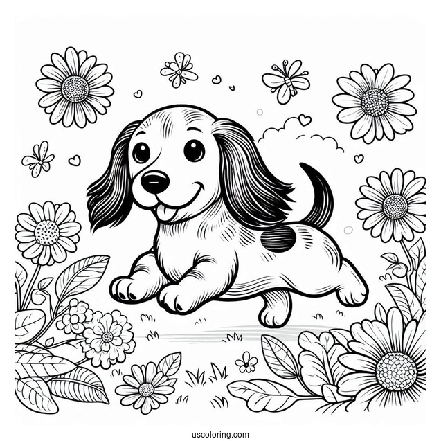 Dachshund Coloring Page Running In Flower Garrden