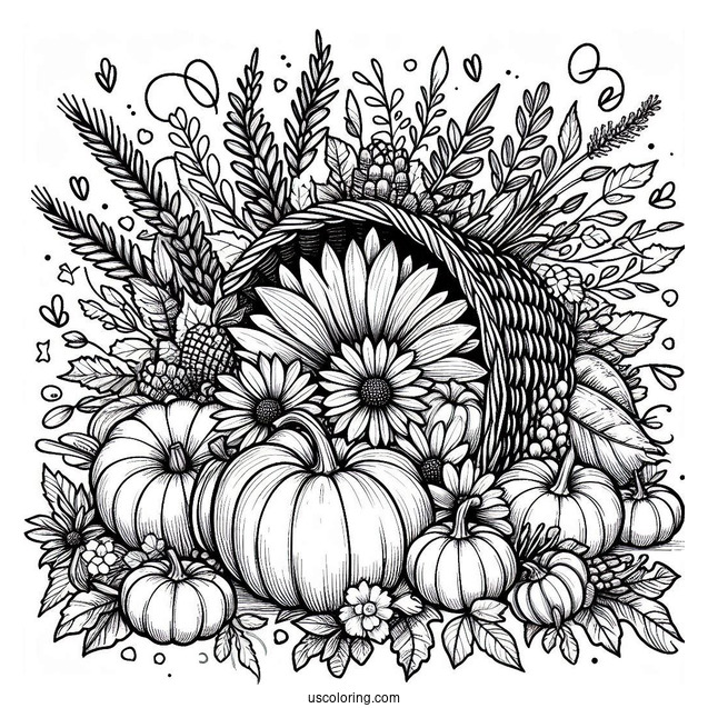 Pilgrim Coloring Page Of Cornucopia Filled With Pumpkins, Flowers, And Other Harvest