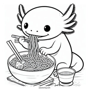 Axolotl Coloring Page Eating Ramen For Kids