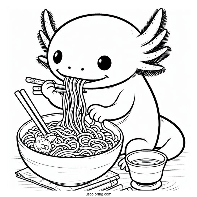Axolotl Coloring Page Eating Ramen For Kids