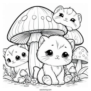 Kittens Sitting On Tall Mushroom Coloring Page