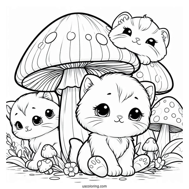 Kittens Sitting On Tall Mushroom Coloring Page