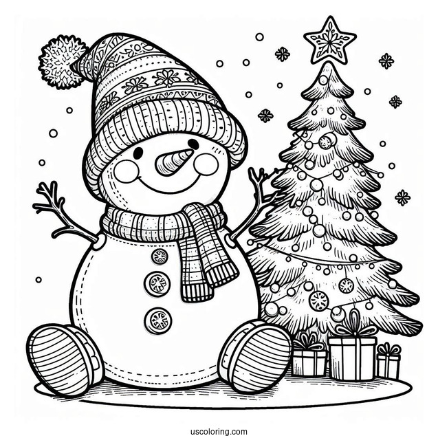 Happy Snowman Sitting Next To Christmas Tree