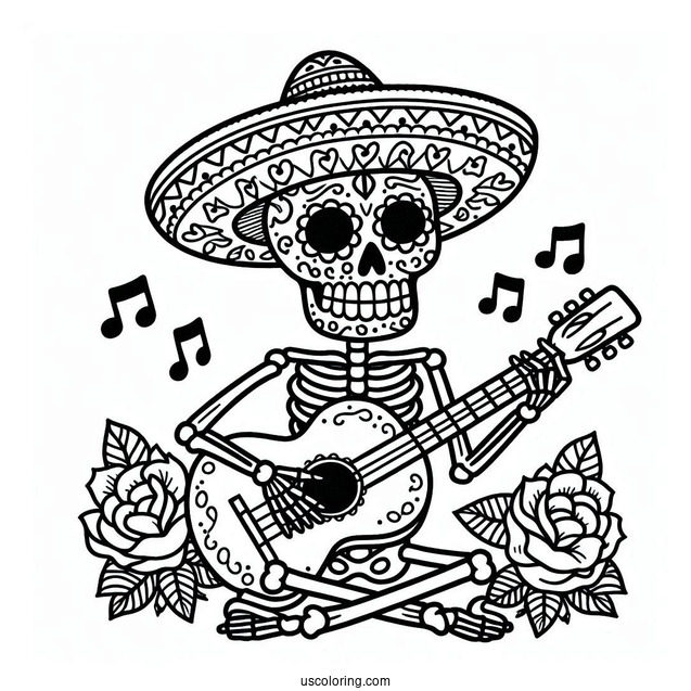 Sugar Skulls Coloring Page Of Skeleton Wearing Sombrero And Playing The Guitar