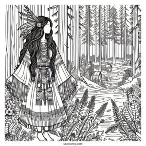 Native American Coloring Page Woman Standing In The Forest