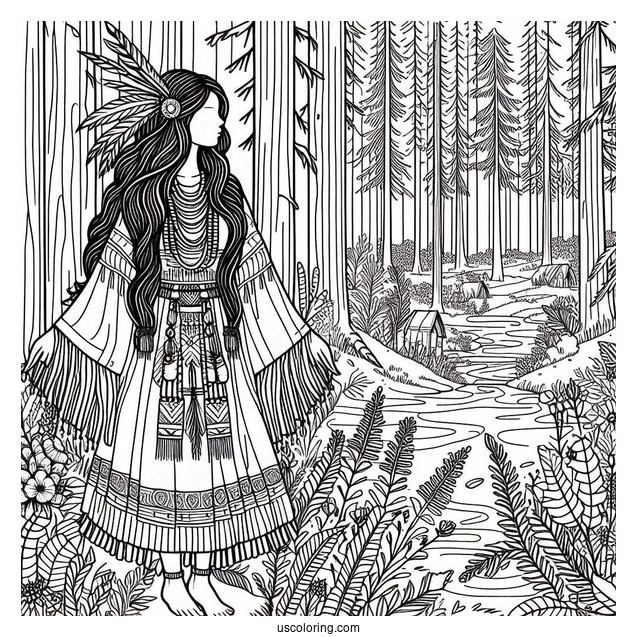 Native American Coloring Page Woman Standing In The Forest