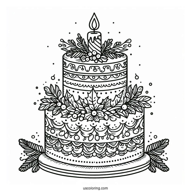 Detailed Christmas Tiered Cake Coloring Page