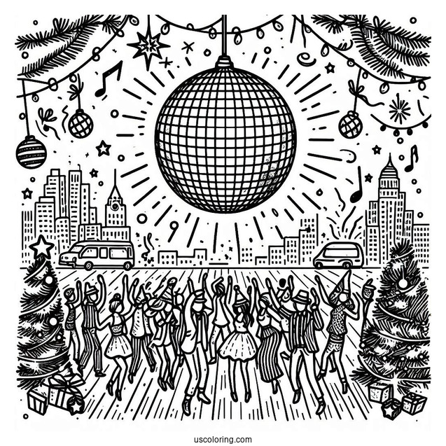 New Year Coloring Page Of Party With Disco Ball Over The Dancers