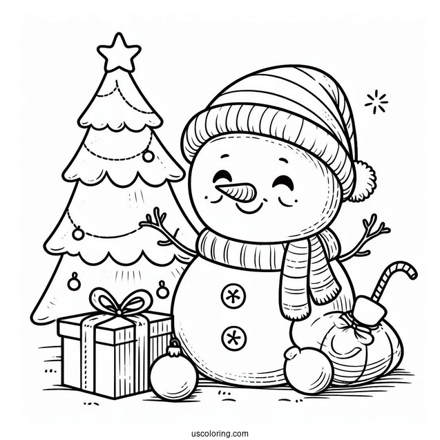 Happy Snowman Sitting Next To Christmas Tree