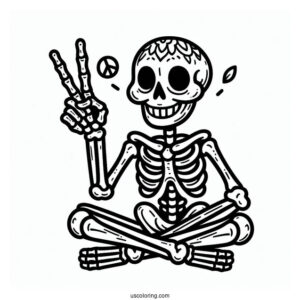 Smiling Skeleton Coloring Page Doing Peace Sign