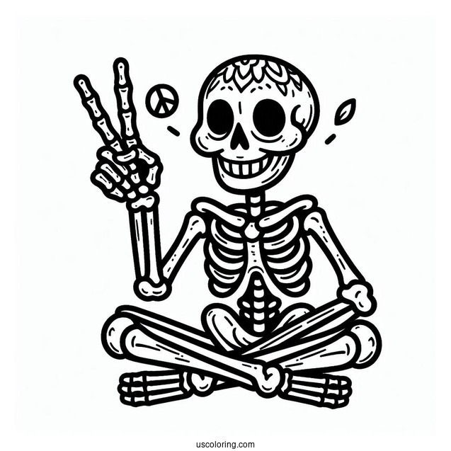 Smiling Skeleton Coloring Page Doing Peace Sign