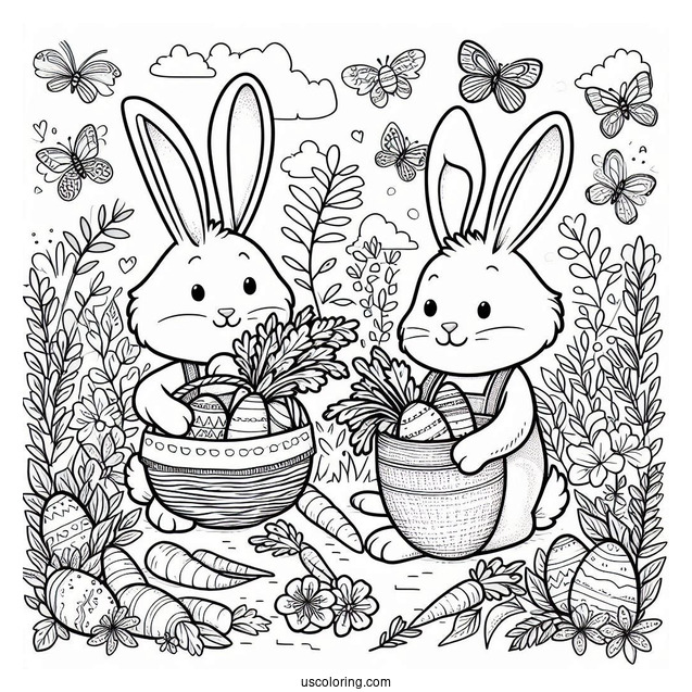 Easter Coloring Page Of Rabbits Harvesting Carrots And Easter Eggs