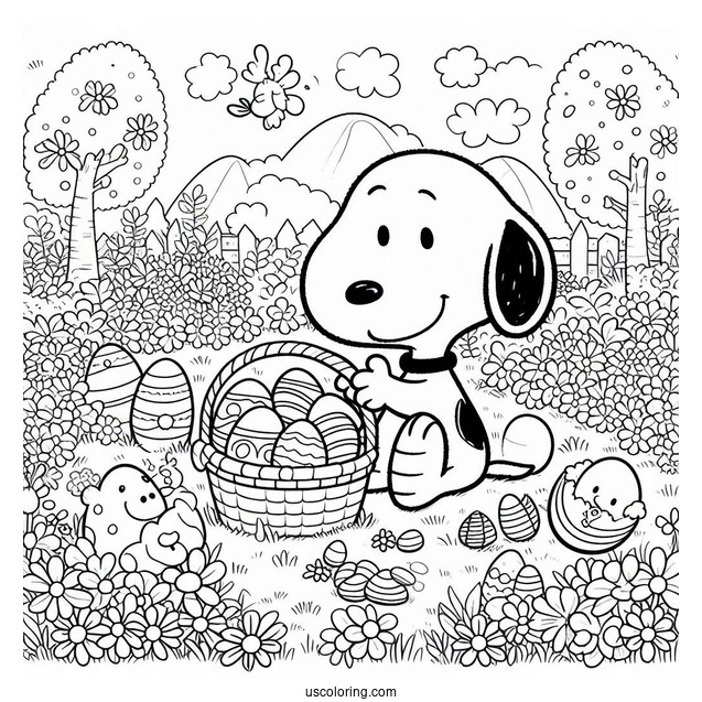 Snoopy Collecting Easter Coloring Page Of Eggs In The Garden