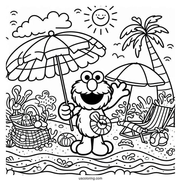 Summer Themed Elmo At The Beach To Color