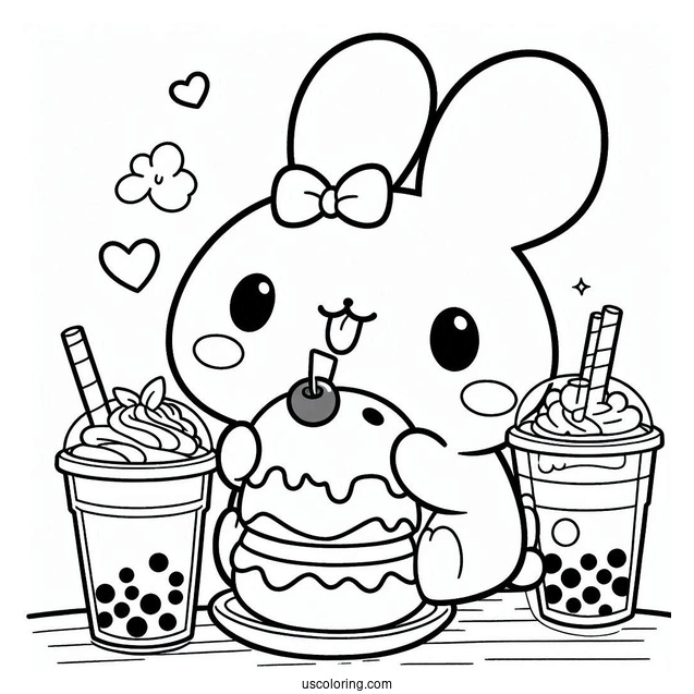 Pochacco Coloring Page Eating Sweets With Choppy On Top Of Boba Tea