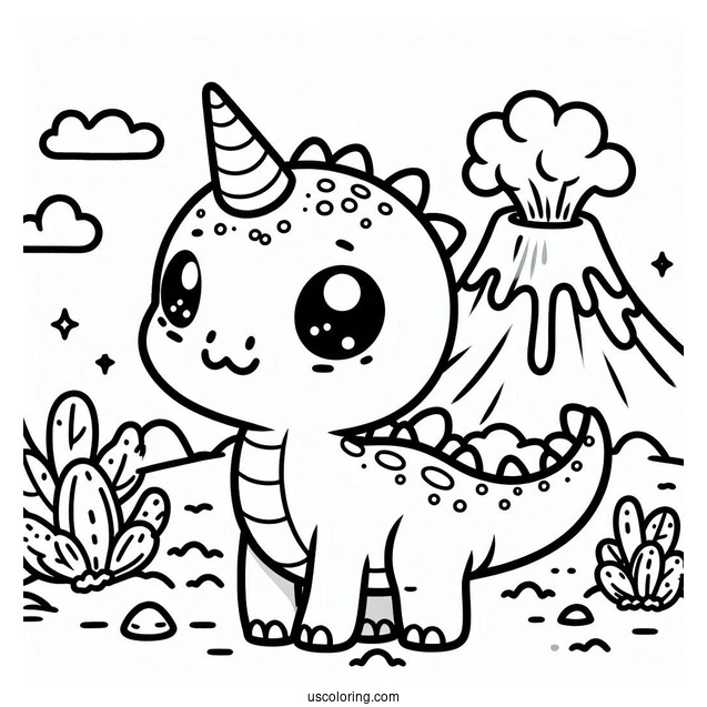 Kawaii Parasaurolophus Coloring Page With Volcano For Preschoolers