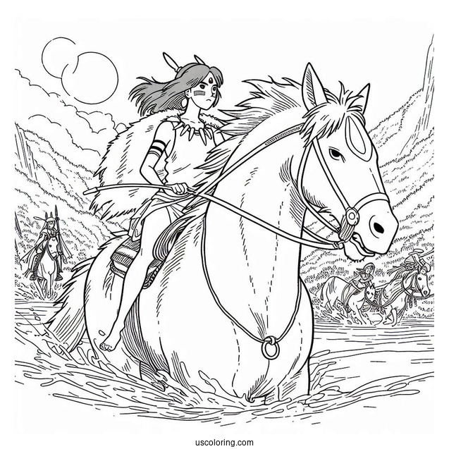 Studio Ghibli Coloring Page of Princess Mononoke San Riding Moro