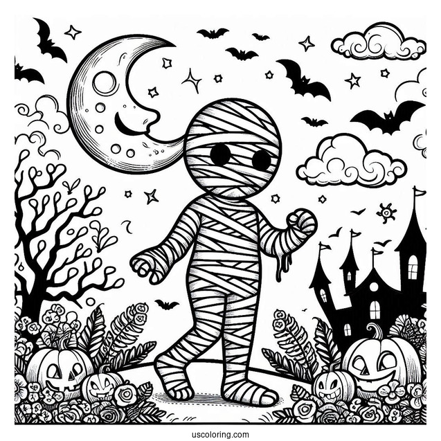 Halloween Mummy Coloring Page With Full Moon
