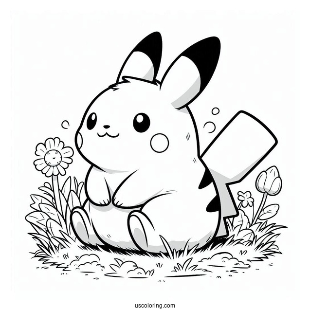 Pikachu Sitting On The Grass With A Capybara Coloring Page For Kids