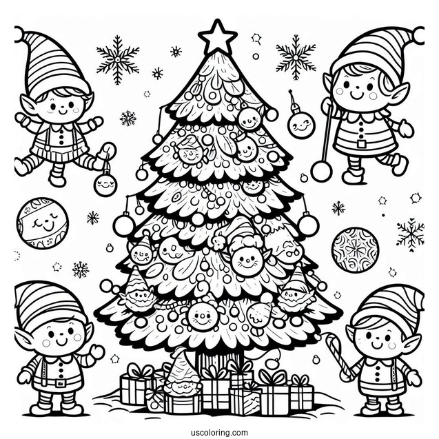 Christmas Tree With Elves Coloring Page