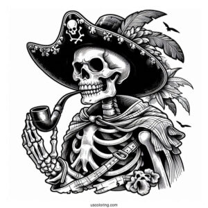 Pirate Coloring Page Skeleton With Hat, Cloak, And Pipe