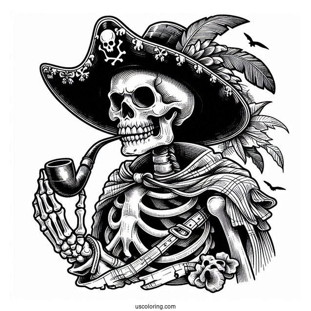 Pirate Coloring Page Skeleton With Hat, Cloak, And Pipe