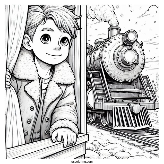 Hero Boy Peering Out Of Polar Express Coloring Page Of Train