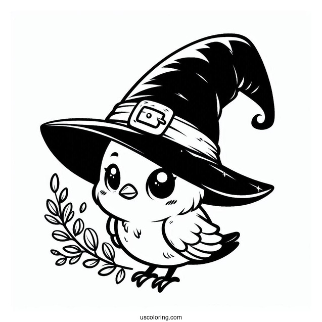Chibi Raven Coloring Page Wearing A Witch's Hat For Kids