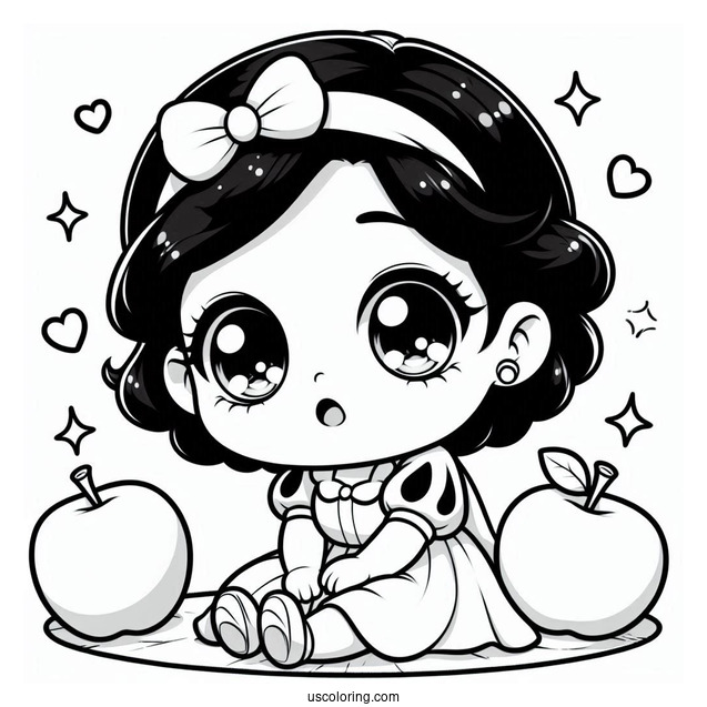 Adorable Chibi Snow White Coloring Pages Staring At An Apple For Preschoolers