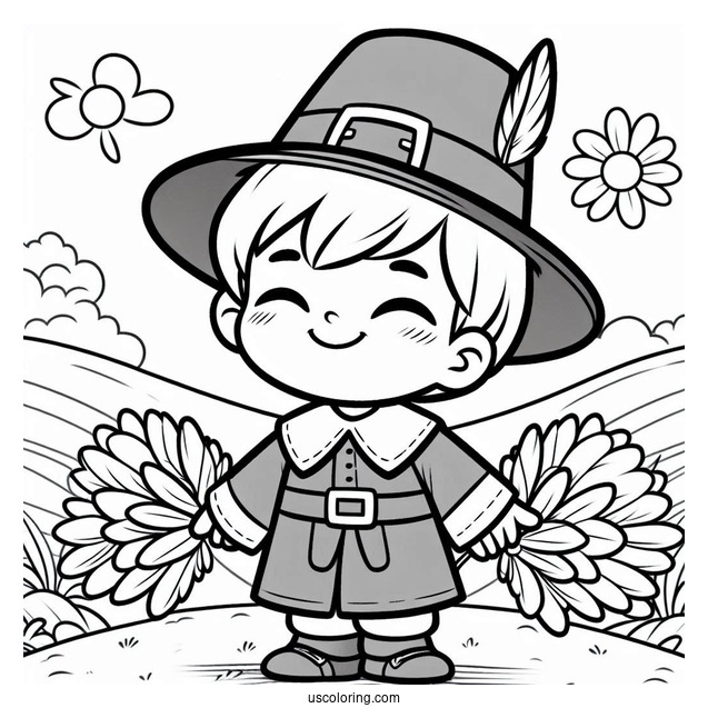 Happy Boy Pilgrim Coloring Page For Preschoolers