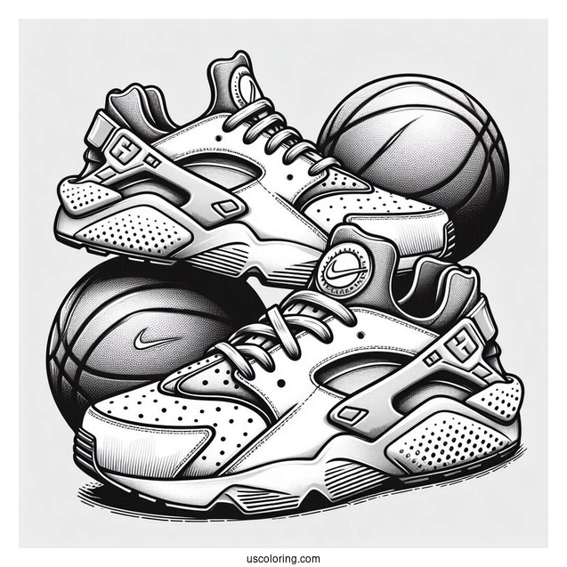 Pair Of Nike Coloring Page Of Air Huarache With Basketballs