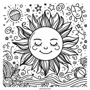 Summer Coloring Page Of Sun With Face