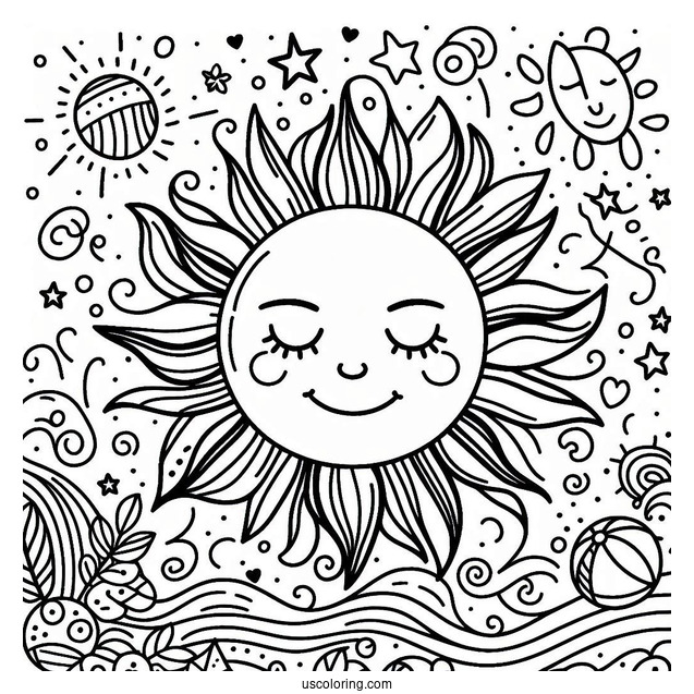 Summer Coloring Page Of Sun With Face