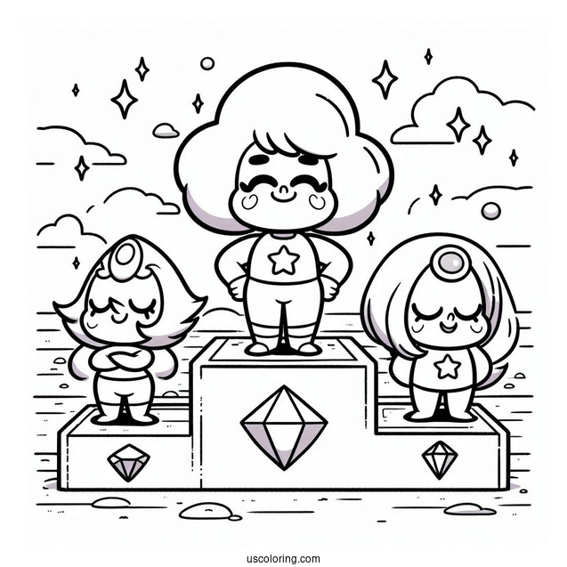 Cute Steven Universe Coloring Page On Podium With Garnet, Pearl, And Amethyst For Kids