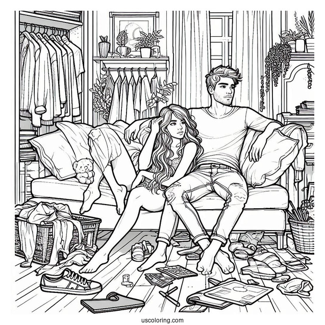 Man And Woman Lounging In A Messy Apartment Bedroom Coloring Page