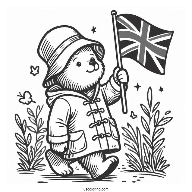 Simple Paddington Coloring Page Waving The British Flag While Walking
