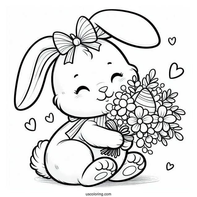 Happy Easter Bunny Coloring Page Holding Flower Bouquet For Kids