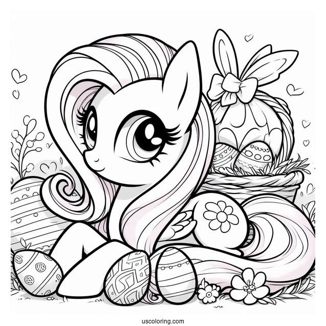 Coloring Sheet of Fluttershy With Easter Eggs and Bunny