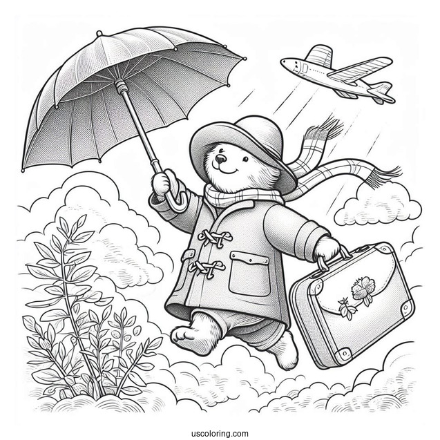 Paddington Coloring Page Flying In The Sky With His Umbrella And Suitcase