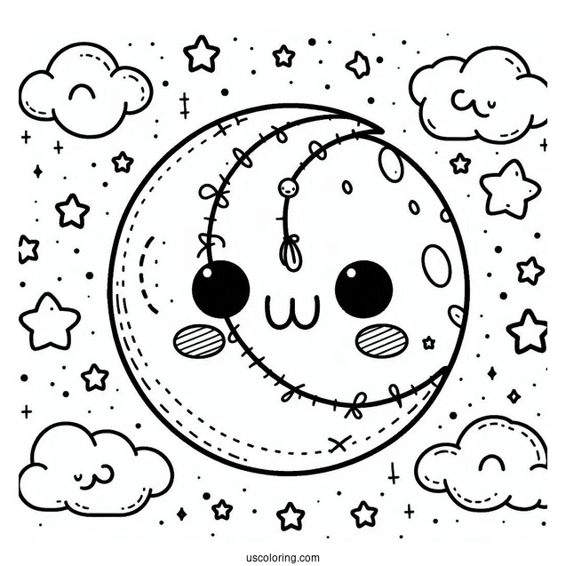 Cute Kawaii Stitched Moon To Color