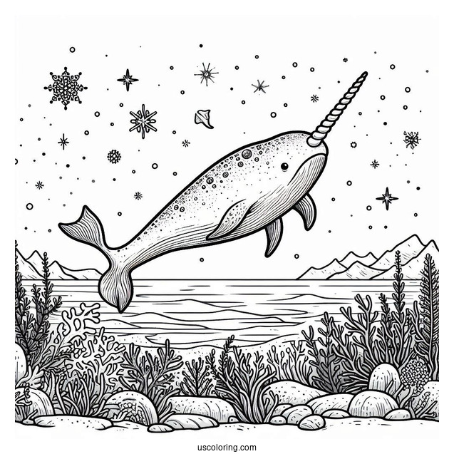 Detailed Narwhal Coloring Page In The Arctic To Color